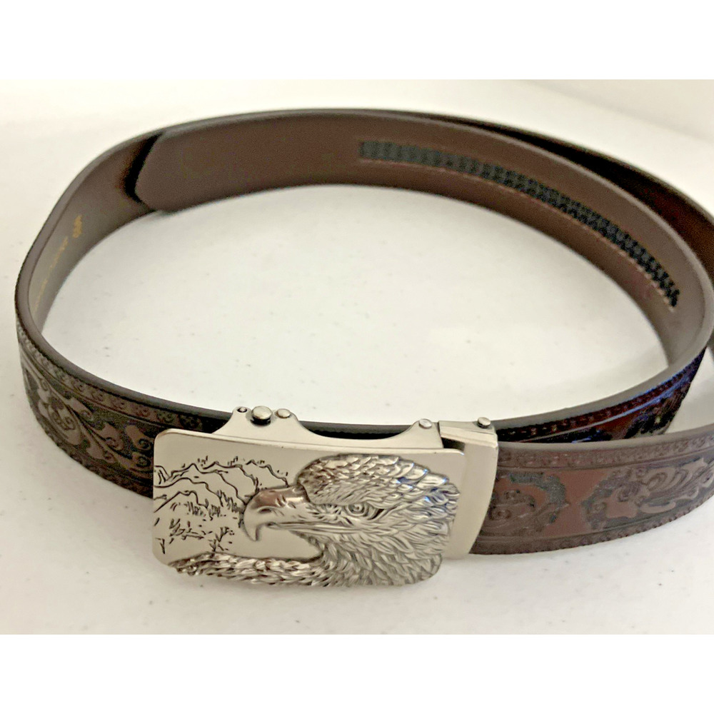 Men's Genuine Embossed Leather Belt With Ratchet Belt Buckle With Eagle Italian